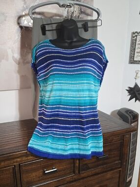 Chaps Striped Knit Shell Top in Blue and Teal - Women XL